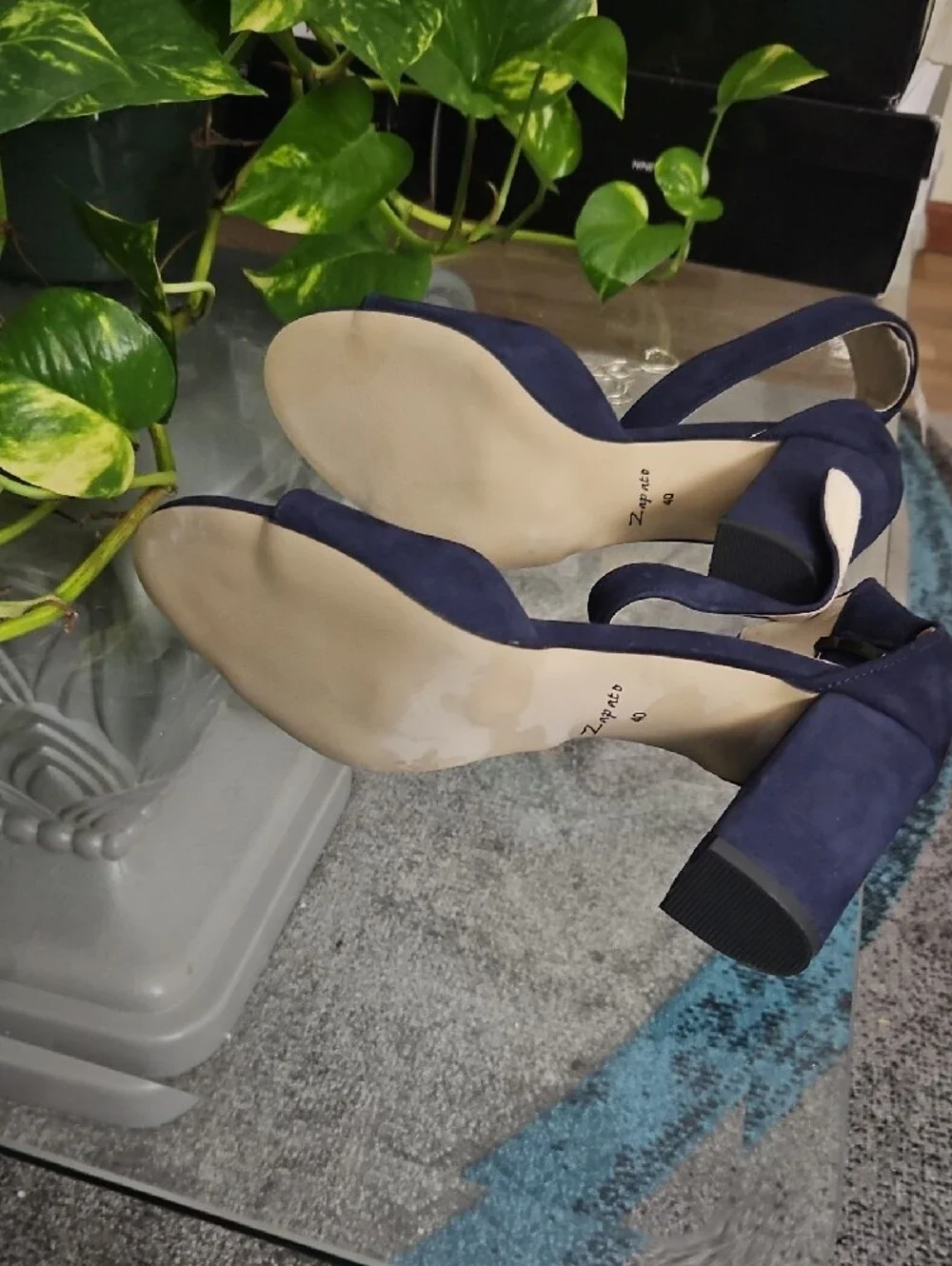 Women's Navy Suede Block Heel Sandals with Buckle Ankle Strap
